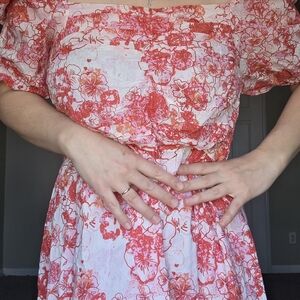 Floral Midi Dress XL Puff Sleeve Red Pink Summer
